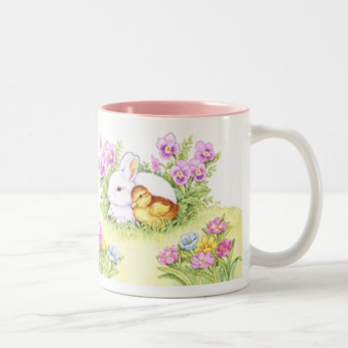 Easter Bunny Duckling and Flowers Two_Tone Coffee Mug