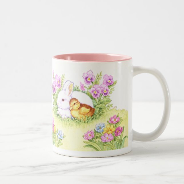 Easter Bunny, Duckling and Flowers Two-Tone Coffee Mug (Right)
