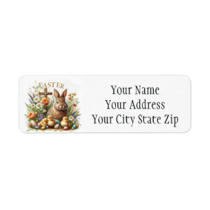 Easter Bunny, Ducklings and Flowers with Cross Label