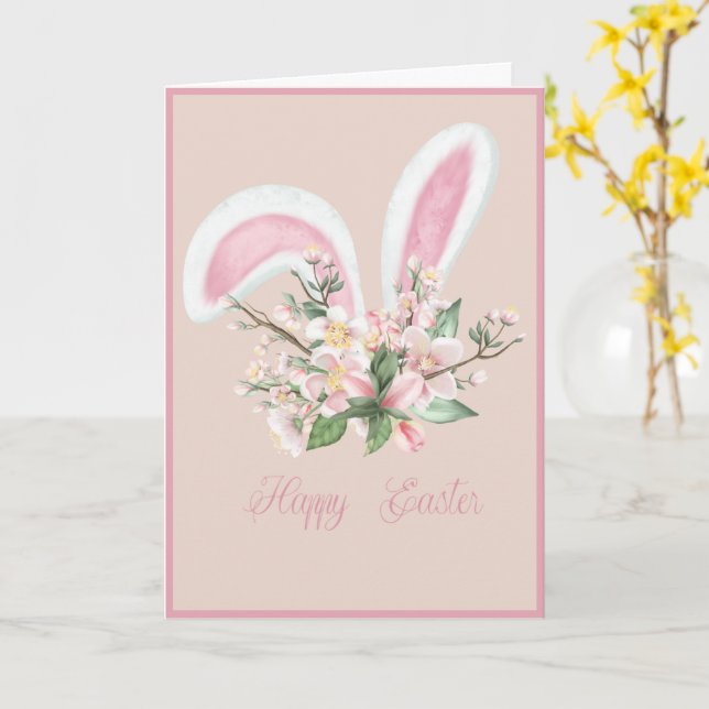 Easter Bunny Ears and Watercolor Pink Flowers Card (Yellow Flower)