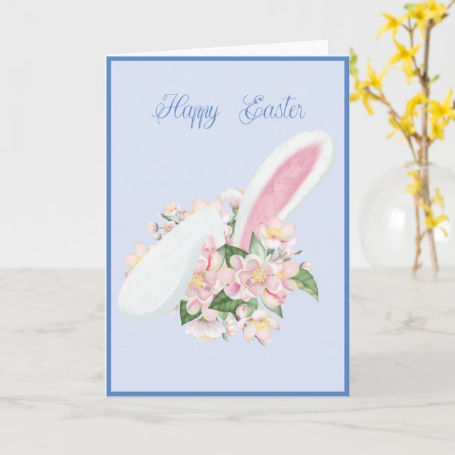Easter Bunny Ears and Watercolor Pink Flowers Card (Yellow Flower)
