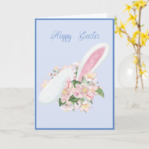 Easter Bunny Ears and Watercolor Pink Flowers Card