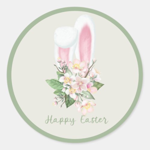 Easter Bunny Ears and Watercolor Pink Flowers  Classic Round Sticker