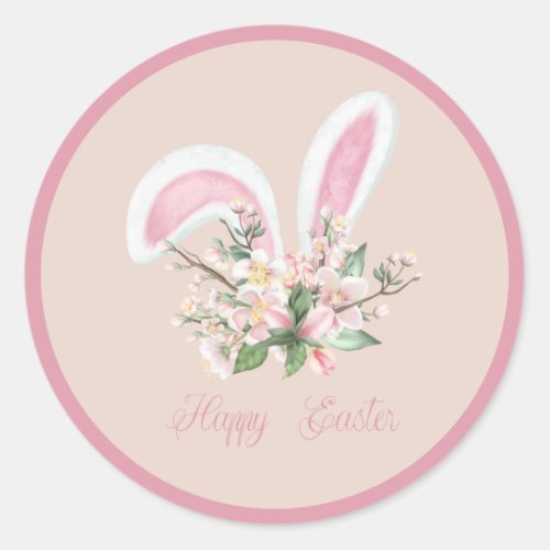 Easter Bunny Ears and Watercolor Pink Flowers Classic Round Sticker