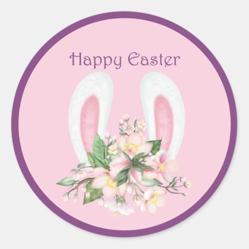 Easter Bunny Ears and Watercolor Pink Flowers Classic Round Sticker