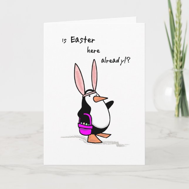 Easter Bunny Ears Penguin, Humor Holiday Card (Front)