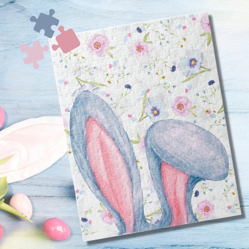 Easter Bunny Ears with Colorful Floral Background Jigsaw Puzzle