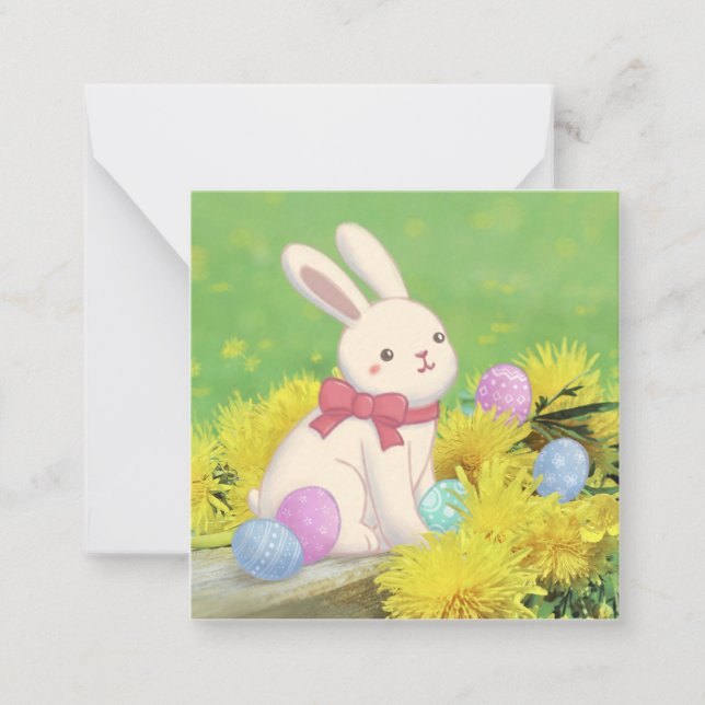 Easter Bunny, Easter Eggs & Flowers Illustration Note Card (Front)