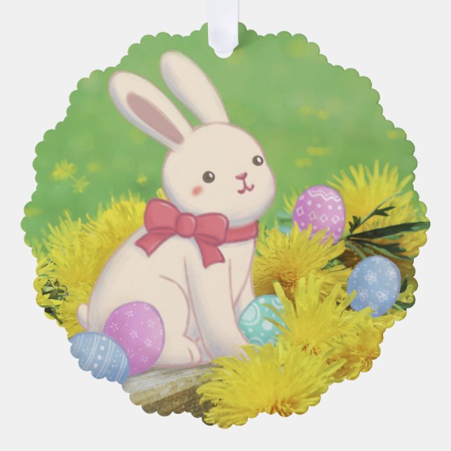 Easter Bunny, Easter Eggs & Flowers Illustration Ornament Card (Front)