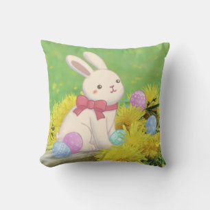 Easter Bunny, Easter Eggs & Flowers Illustration Throw Pillow