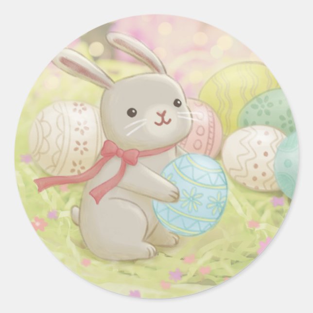 Easter Bunny & Easter Eggs Illustration Classic Round Sticker (Front)