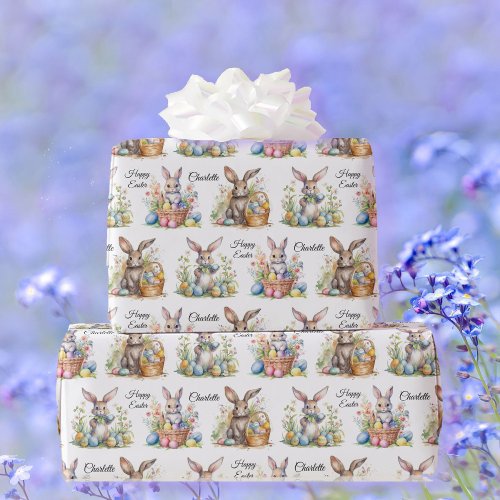 Easter Bunny Egg Basket Add Name Pastel Wrapping Paper