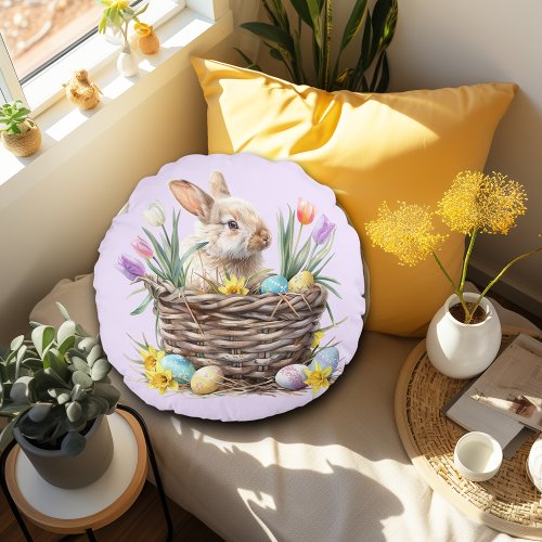 Easter Bunny Egg Basket Spring Tulips Round Pillow