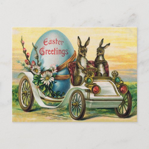 Easter Bunny Egg Car Daisy Holiday Postcard