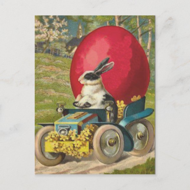 Easter Bunny Egg Car Landscape Holiday Postcard (Front)
