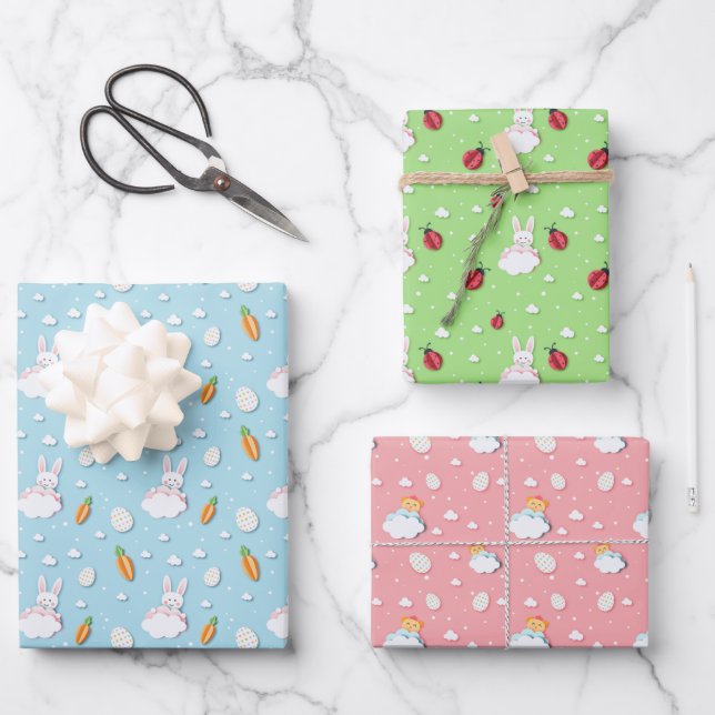 Easter Bunny, Egg, Carrot & Ladybug Wrapping Paper (Front)
