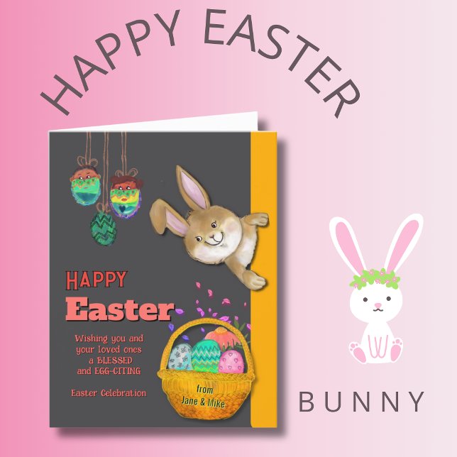 Easter Bunny EGG-CITING illustration Holiday Card (Easter Bunny EGG-CITING illustration Holiday Card)