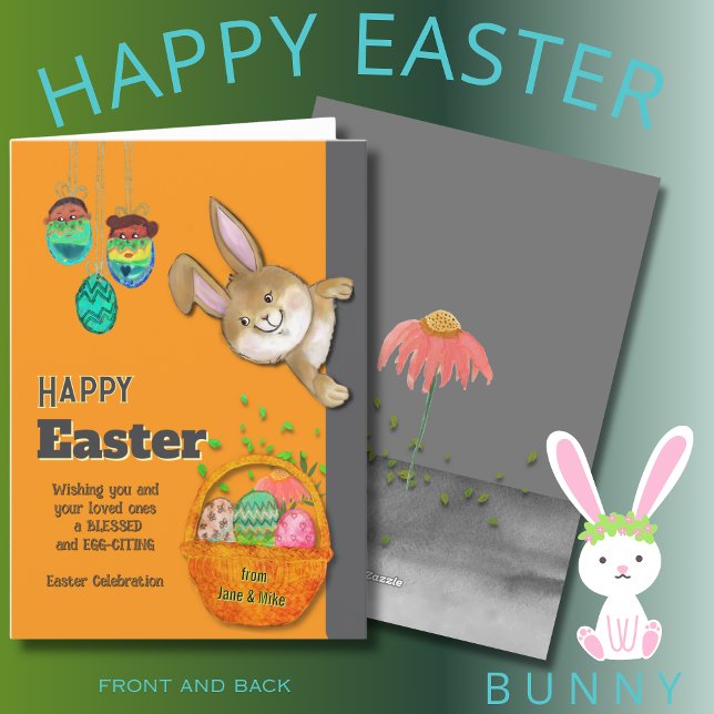 Easter Bunny EGG-CITING Orange illustration Holiday Card (Easter Bunny EGG-CITING Orange illustration Holiday Card)