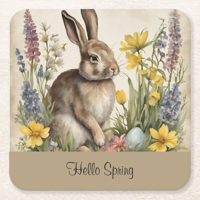 Easter Bunny Egg Floral Square Paper Coaster (Front)