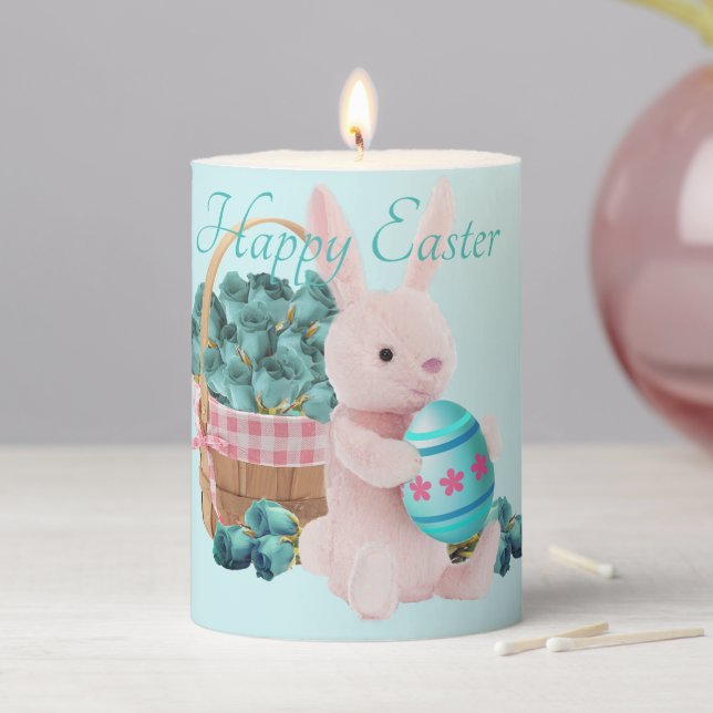 Easter Bunny, Egg, & Flower Basket Aqua Pillar Candle (In Situ)