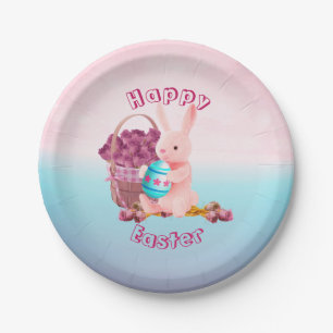 Easter Bunny, Egg, & Flower Basket Pink & Blue Paper Plates
