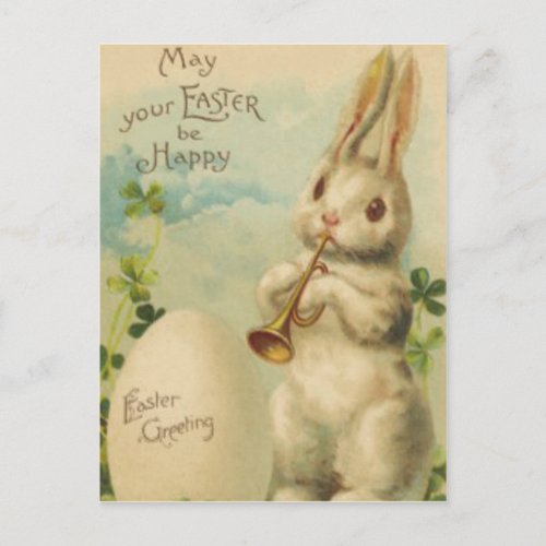 Easter Bunny Egg Four Leaf Clover Trumpet Holiday Postcard