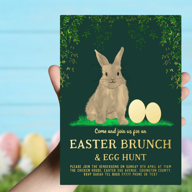 Easter Bunny Egg Hunt and Brunch Gold Green Foil Invitation (Easter egg hunt and brunch cute bunny gold foil invitation )