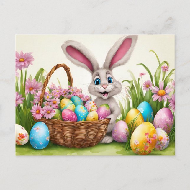 Easter Bunny Egg Hunt in Spring Flower Garden  Holiday Postcard (Front)
