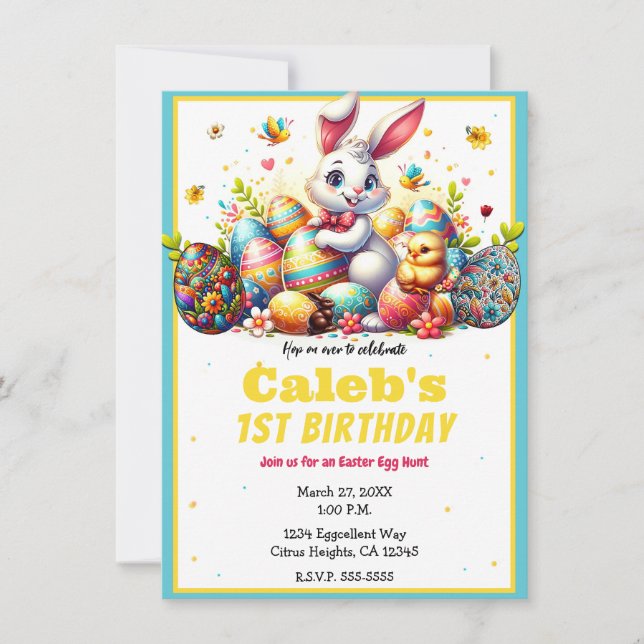 Easter Bunny & Eggs 1st Birthday Party Invitation (Front)