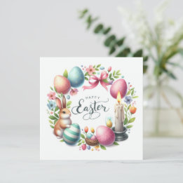 Easter Bunny Eggs Candle Illustration Holiday Card