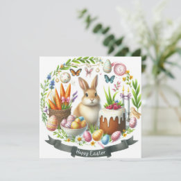 Easter Bunny Eggs Carrots Illustration Holiday Card