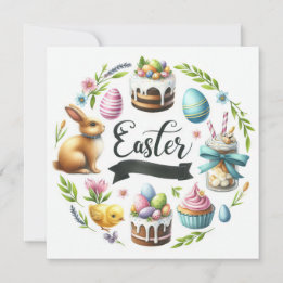 Easter Bunny Eggs Chick Illustration Holiday Card