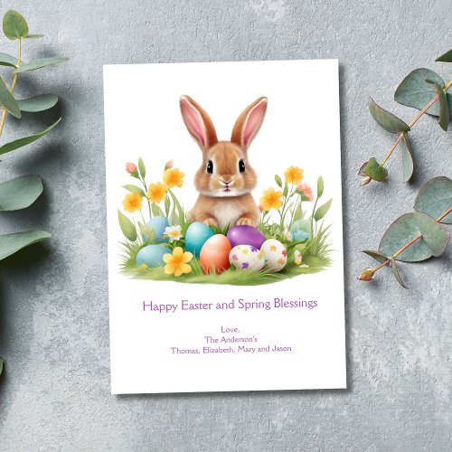Easter Bunny Eggs Grass Spring Flowers Holiday Card