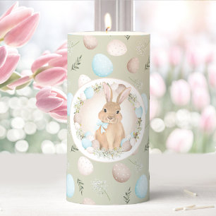EASTER BUNNY & EGGS Green Pastel Greenery Pillar Candle