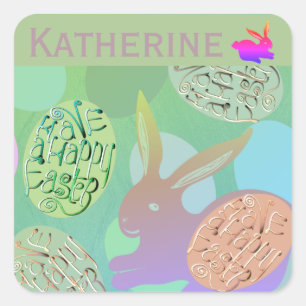 Easter Bunny Eggs "Happy Easter" Square Sticker