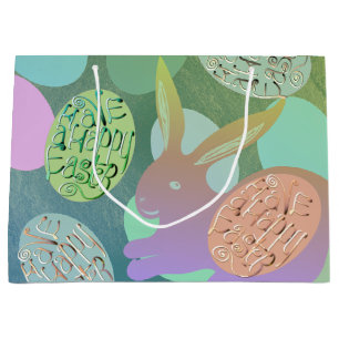 Easter Bunny Eggs on Blue Green Large Gift Bag