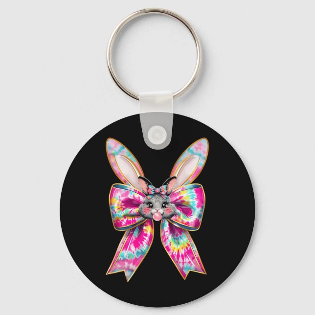 Easter Bunny Face Tie Dye Coquette Bow Easter Day  Keychain (Front)
