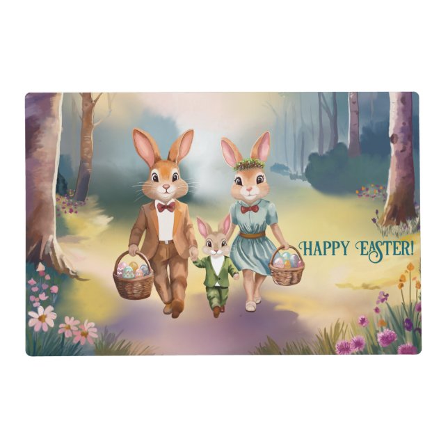 Easter Bunny Family Chasing Eggs - Painting Placemat (Front)