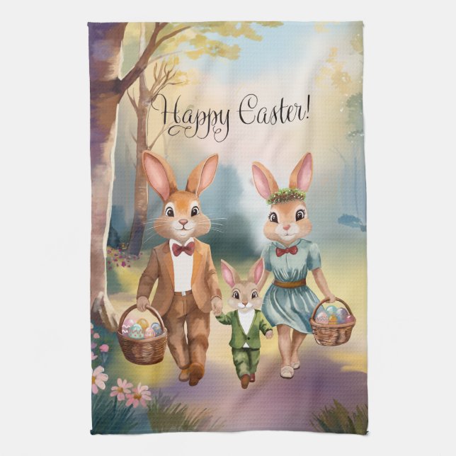 Easter Bunny Family Chasing Eggs - Watercolor Kitchen Towel (Vertical)