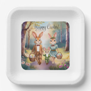 Easter Bunny Family Chasing Eggs - Watercolor Paper Plates