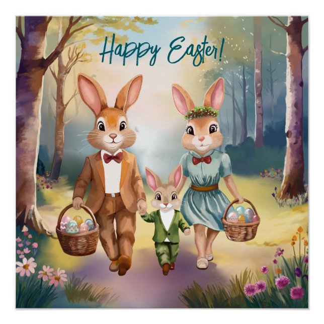 Easter Bunny Family Chasing Eggs - Watercolor Poster (Front)