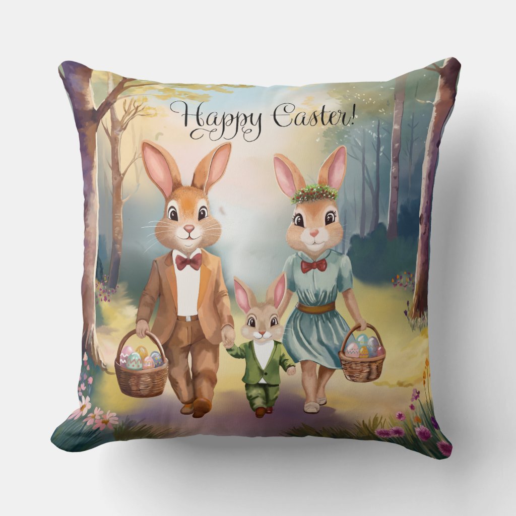 Easter Bunny Family Chasing Eggs - Watercolor