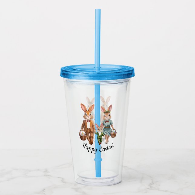Easter Bunny Family Hunting Eggs Acrylic Tumbler (Front)