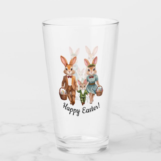 Easter Bunny Family Hunting Eggs Glass (Front)