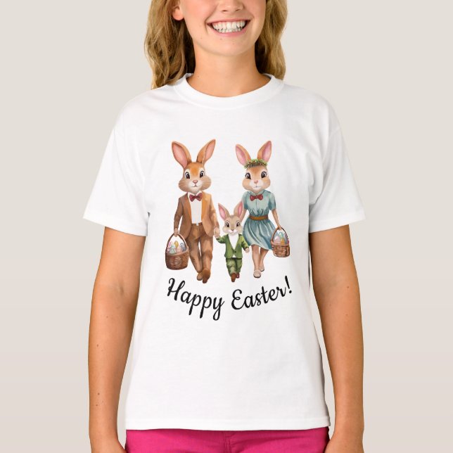Easter Bunny Family Hunting Eggs  T-Shirt (Front)