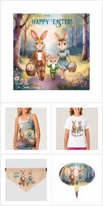 Easter Bunny Family Hunting Eggs - Watercolor
