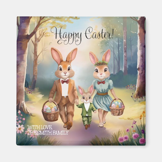 Easter Bunny Family Hunting Eggs - Watercolor Magnet (Front)