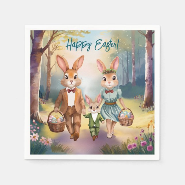 Easter Bunny Family Hunting Eggs - Watercolor Napkins (Front)