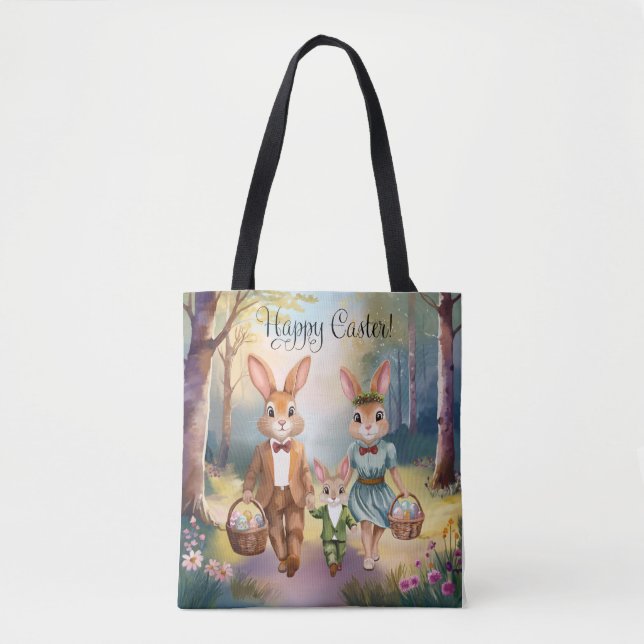 Easter Bunny Family Hunting Eggs - Watercolor Tote Bag (Front)