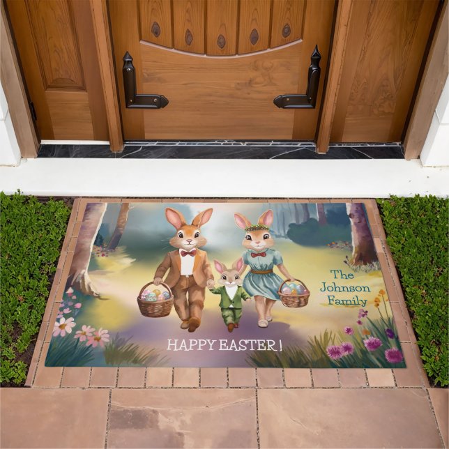 Easter Bunny Family Hunting fo Eggs - Personalized Doormat (Outdoor)